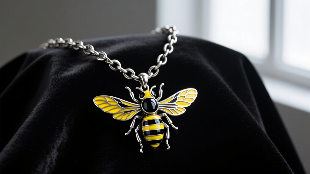 Close-up of dark-oxidized sterling silver rosary necklace featuring a hornet-themed enameled pendant resting on black velvet cloth