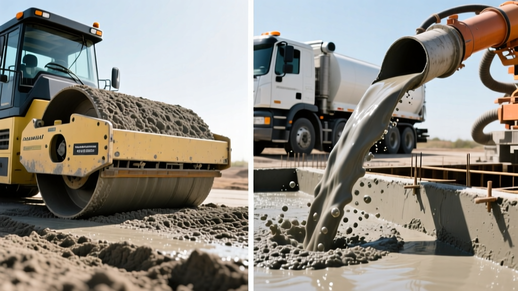 Side-by-side technical comparison of a vibratory roller compacting zero-slump dry concrete and a pump truck pouring fluid wet concrete into forms