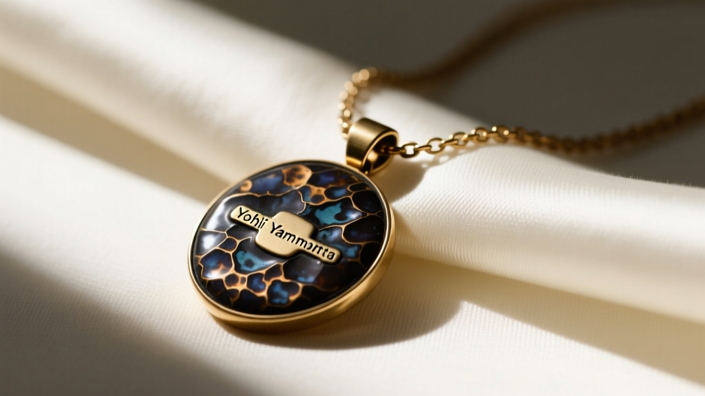 Close-up of a vintage Yohji Yamamoto brass pendant necklace featuring dark oxidation and a clear hallmark near the clasp