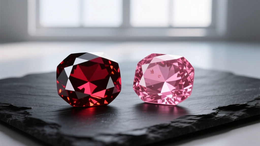 Macro photography comparing a pigeon blood Burmese ruby and a pinkish-red Mozambican ruby side by side on a dark slate surface