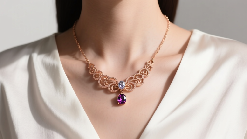 Close-up of a delicate 14k rose gold bib necklace resting on the collarbone of a model wearing a crisp white V-neck silk blouse.