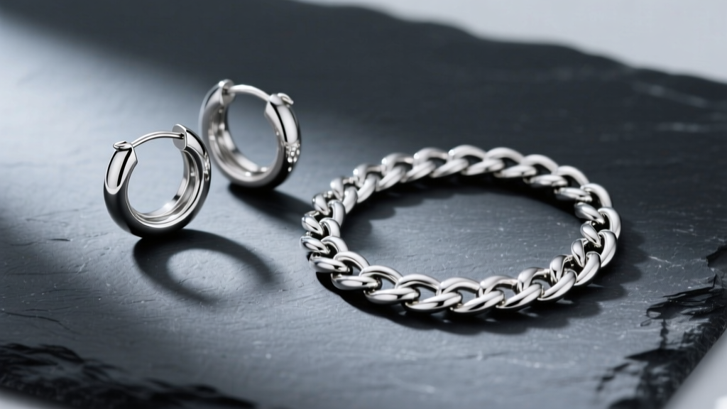 Flat lay of polished 316L stainless steel hoops and a Cuban link chain on a dark slate surface with soft directional lighting