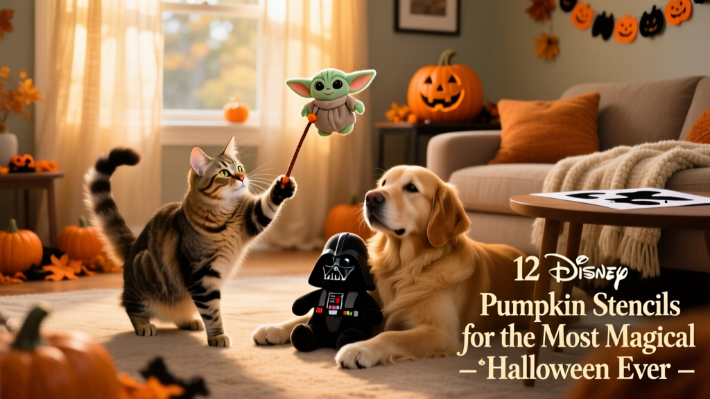 A cozy living room scene with a cat batting at a Grogu-shaped teaser wand and a dog resting beside a Darth Vader plush toy