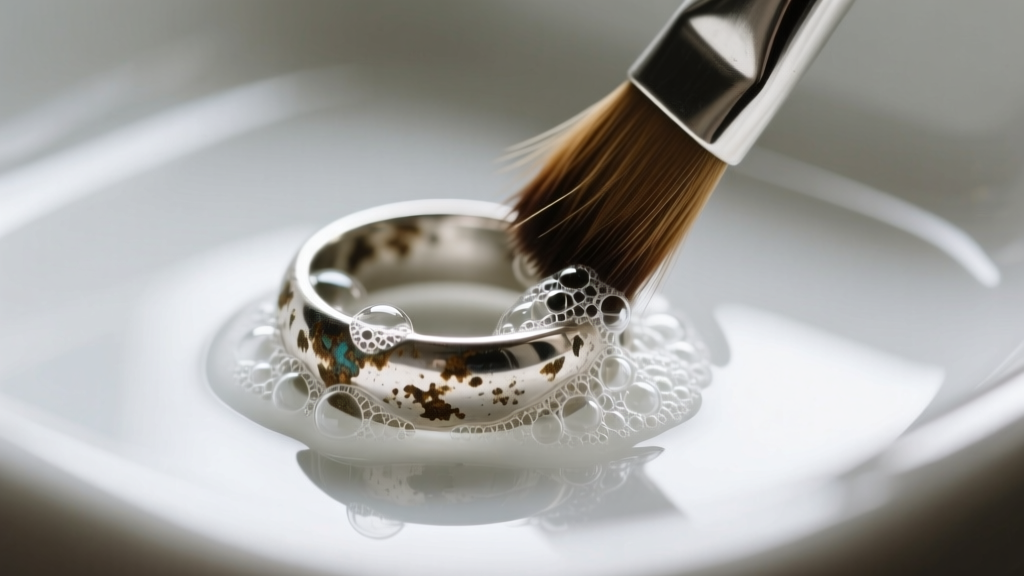 Macro shot of oxidized coin silver ring gently brushed with a soft horsehair brush and mild non-ionic surfactant suds in a sink