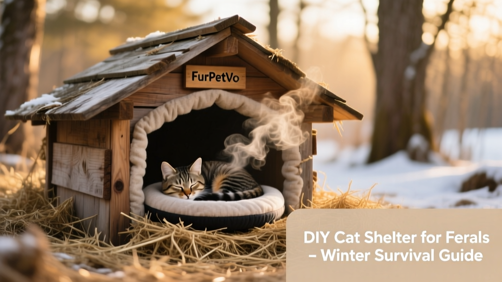 FurPetVo Pet Snuggle Disk placed on straw inside a cat shelter, with steam gently rising