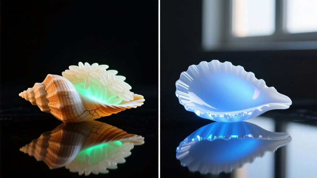Side-by-side comparison of authentic laiki rice shells and synthetic plastic replicas under gemological UV lighting