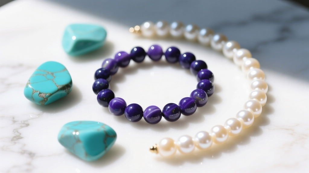Top-down view of lapis beads, turquoise stones, and baroque freshwater pearls arranged on white marble in bright natural daylight.