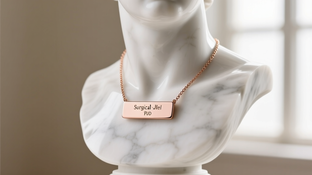 A 316L surgical stainless steel nameplate necklace with PVD rose gold coating, displayed on a white marble bust in soft lighting.