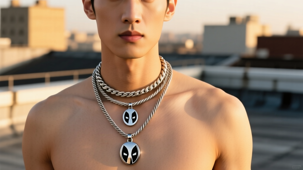 Male model wearing a layered 2mm stainless steel cable chain and a 3mm rope chain featuring different Deadpool logo pendants