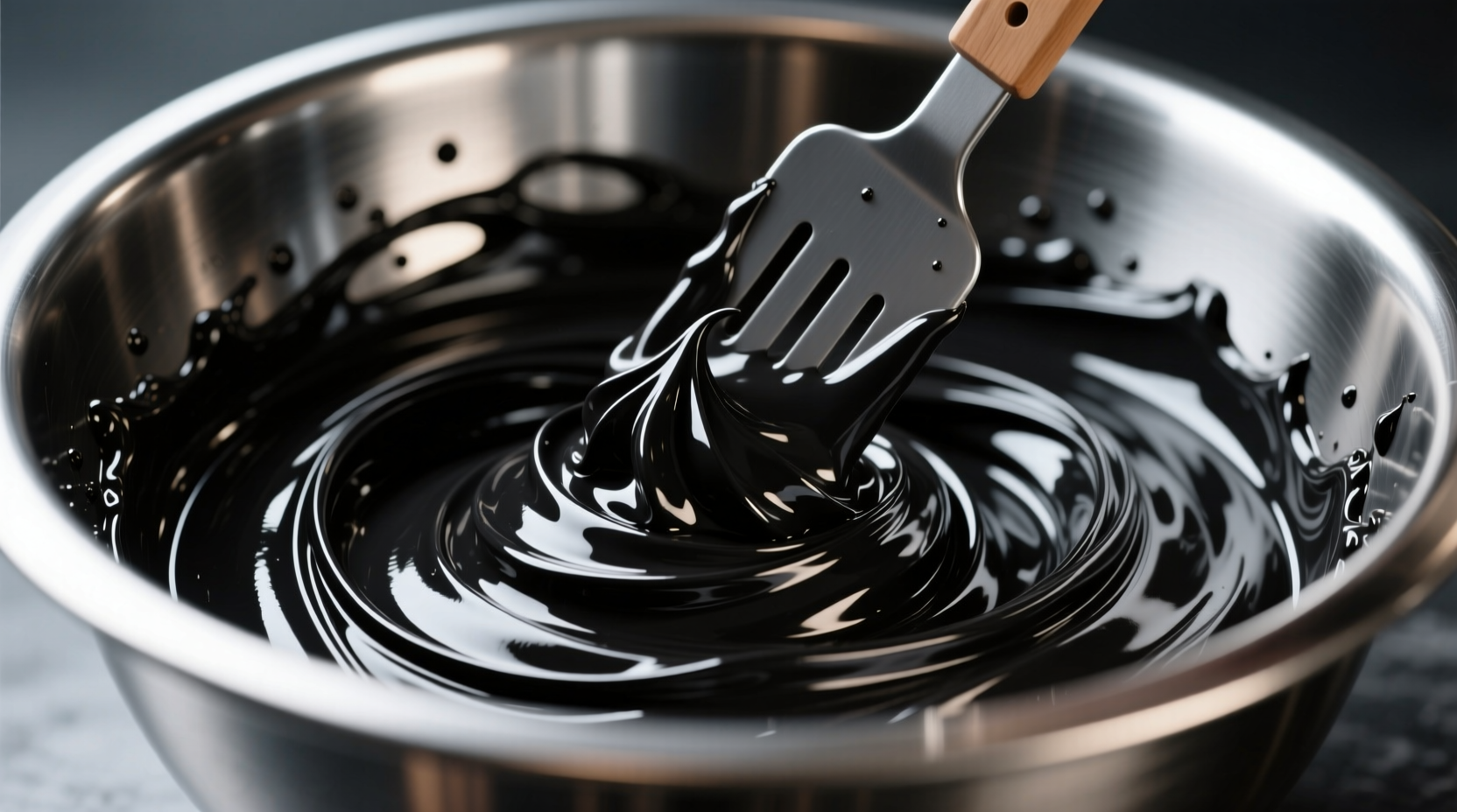 Black frosting mixing process in stainless steel bowl
