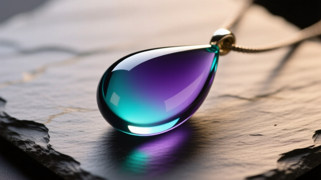 Macro shot of a teardrop glass mood pendant on slate, shifting from violet to teal under soft, warm directional studio lighting.