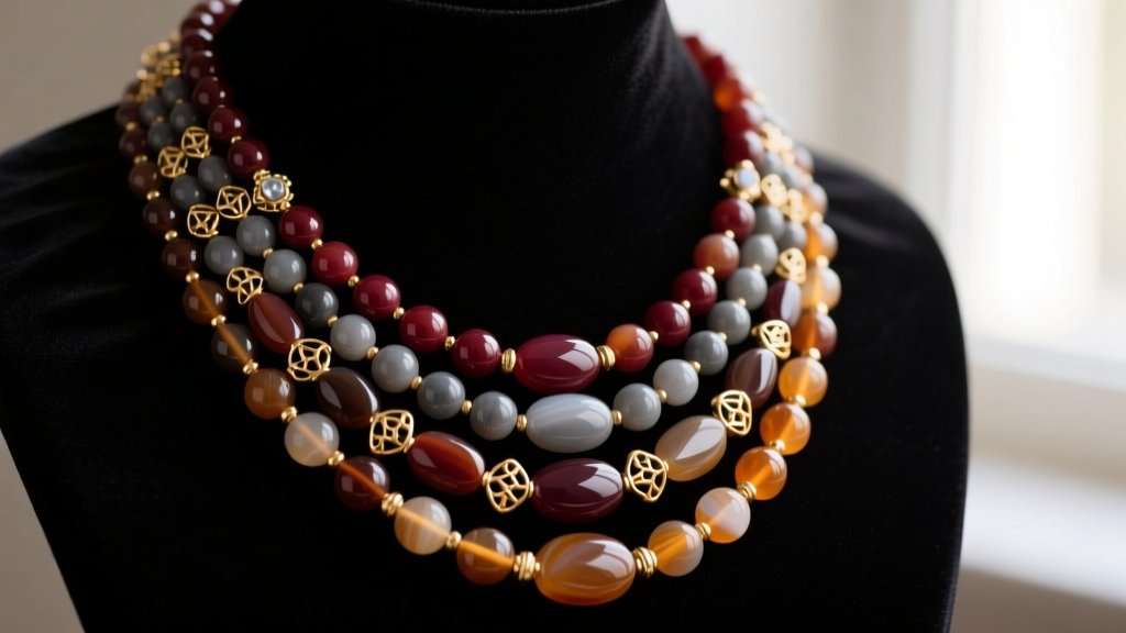 Close-up of a multi-strand Ermani Bulatti necklace featuring polished agate beads and gold-plated brass accents on dark velvet.