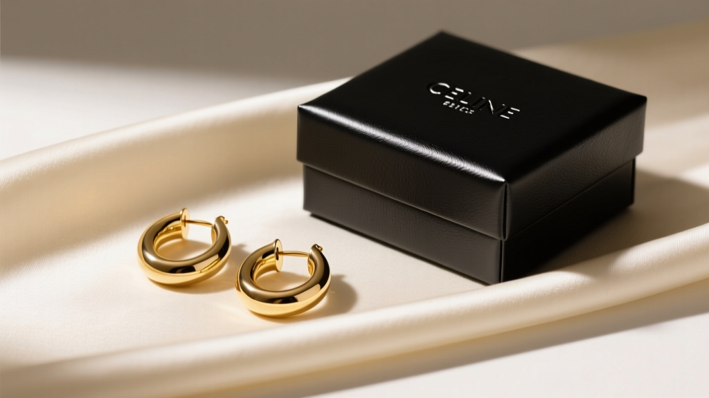 Elegant flat lay of gold-tone Celine Triomphe hoop earrings resting on cream silk next to a black leather gift box, soft lighting.