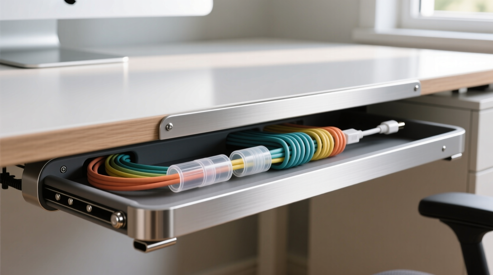 how to hide cords on your desk without drilling holes or using tape