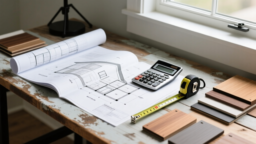 Blueprints on a wooden desk beside a calculator, tape measure, and siding samples for a new residential home construction project