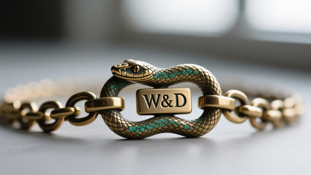 Macro photo of a vintage W&D snake necklace clasp, showing interlocking brass links, hallmark stamp, and slight verdigris patina.