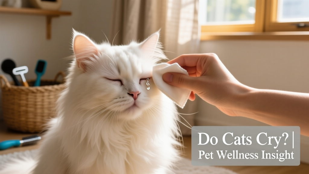 A long-haired cat closing its eyes as a person gently wipes away eye discharge