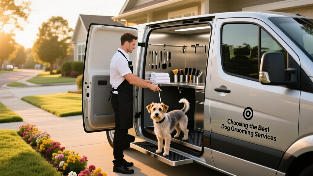 A sleek, branded mobile grooming van parked outside a suburban home, with a groomer opening the rear door to reveal a compact, well-organized grooming station