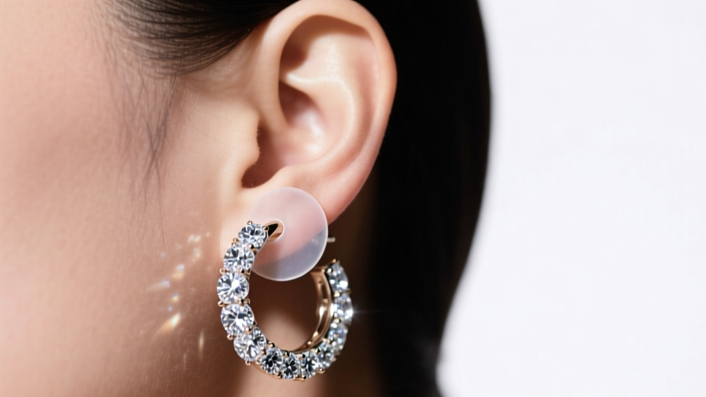 Close-up of an earlobe wearing heavy diamond hoop earrings supported by a clear silicone patch under bright studio lighting