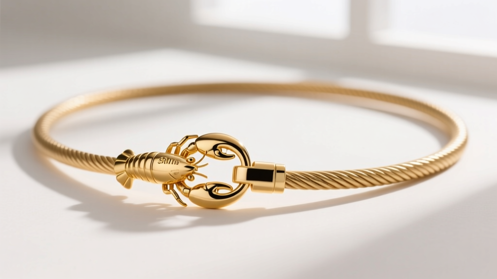 Macro shot of a 14k gold lobster clasp attached to a 50mm extender on a 16-inch cable necklace, bright studio jewelry photo.