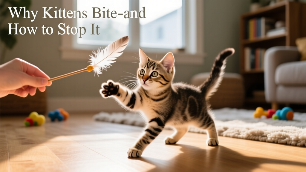 Kitten batting at a feather wand toy held just out of reach