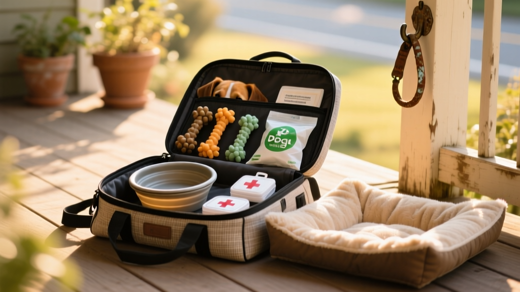 A neatly packed travel bag with dog essentials: collapsible bowl, chew toys, poop bags, first-aid kit, and a cozy dog bed
