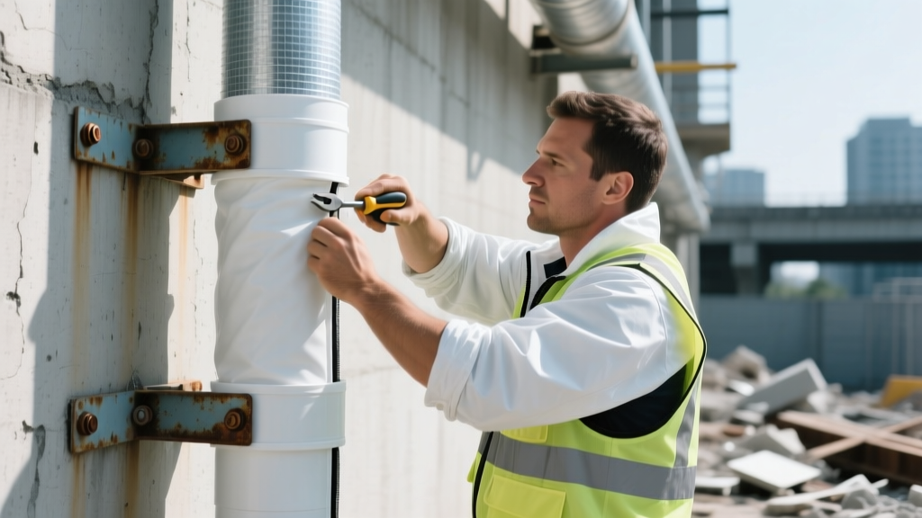 Worker installing rigid white PVC waterproof jacket material over thick fiberglass pipe insulation on an exterior industrial HVAC line