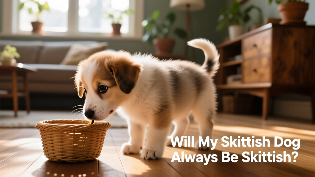 A young puppy cautiously sniffing a new object while glancing sideways, showing mild uncertainty