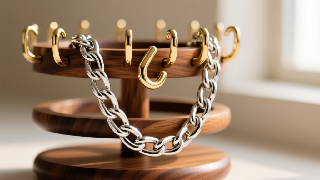 Macro shot of polished brass hooks on a tiered wooden necklace bracelet holder supporting a heavy sterling silver Cuban link chain.