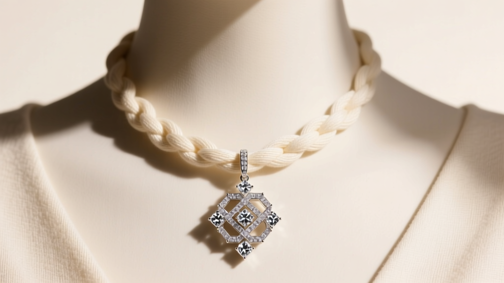 A professional 15-inch cream linen necklace bust displaying a layered diamond pendant set under soft, diffused studio lighting