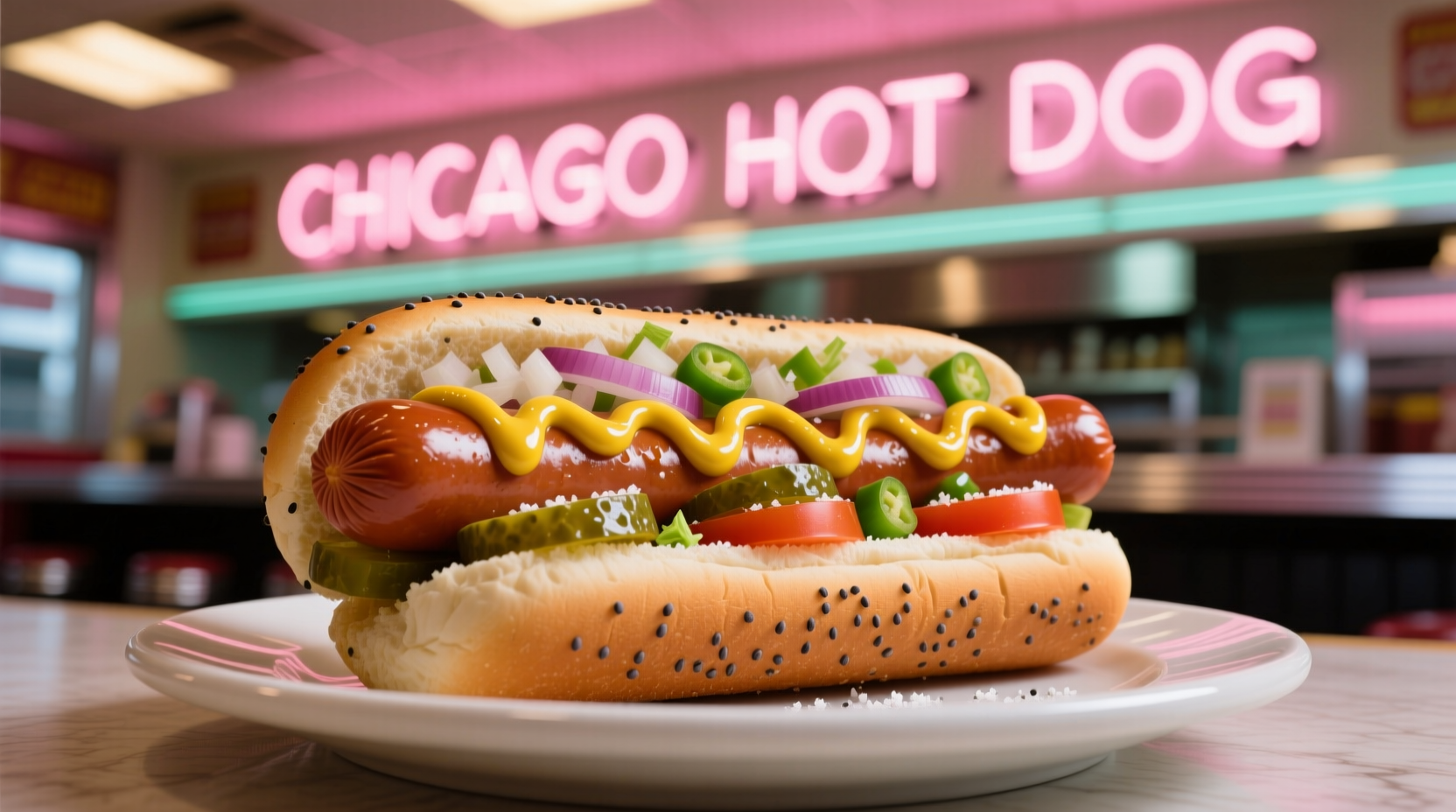 Chicago-style hot dog with all traditional toppings