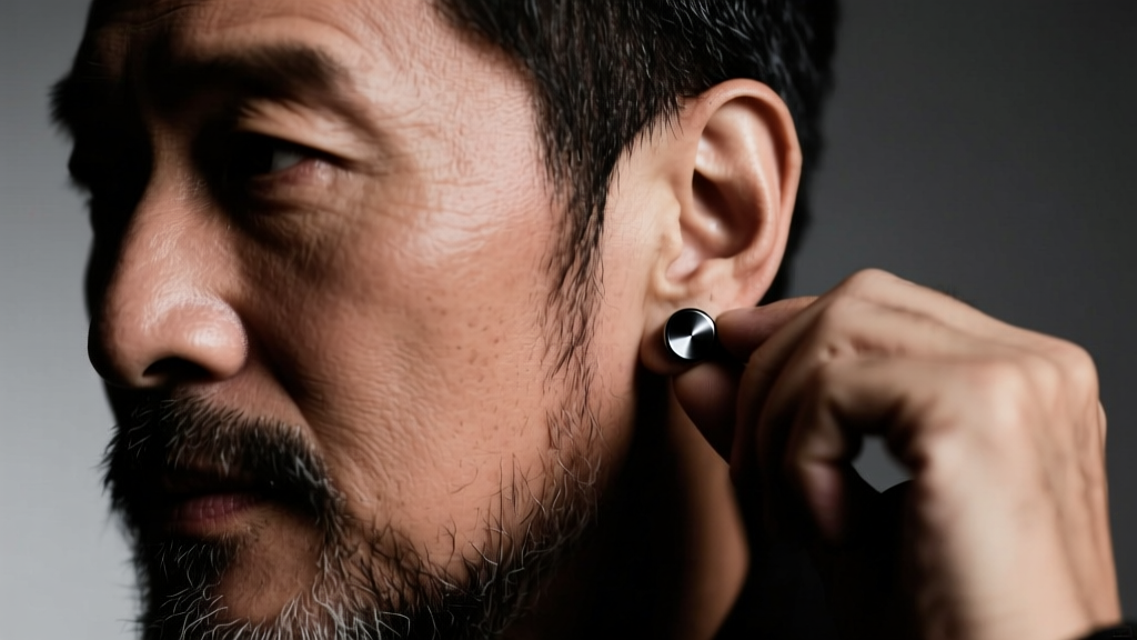 Close-up of a bearded man adjusting a matte black titanium stud earring in his lobe, moody studio lighting, sharp focus on jewelry.