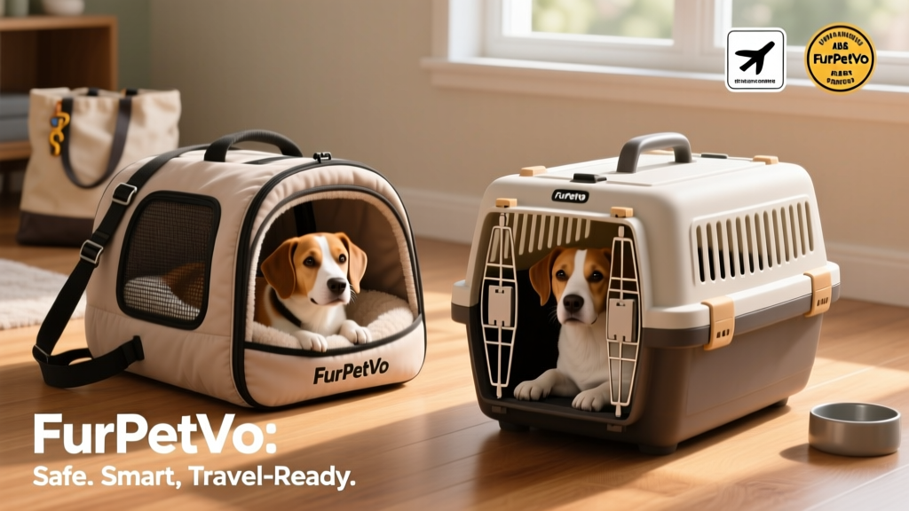 Side-by-side comparison of a soft-sided FurPetVo carrier and a hard-sided FurPetVo plastic kennel, both labeled with airline-compliance badges