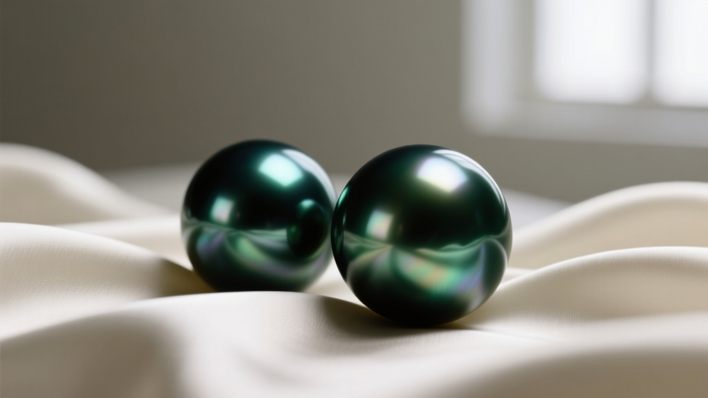 Macro shot of dark Tahitian pearls on silk sheets, soft moody lighting highlighting the deep green peacock luster.