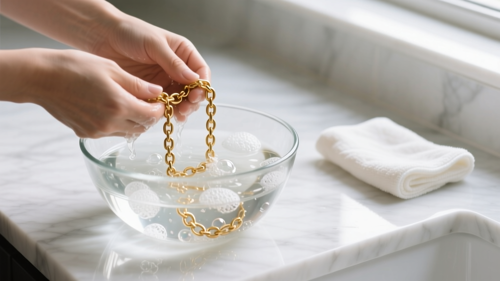 Hands washing a gold vermeil chain in a glass bowl of soapy water, with a dry microfiber cloth resting on a bright marble surface
