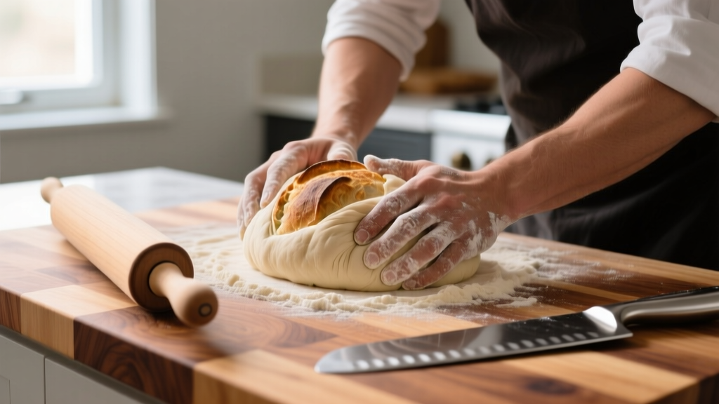 Home baker kneading sourdough on a maple butcher block counter using a tapered wooden rolling pin and stainless steel bench scraper