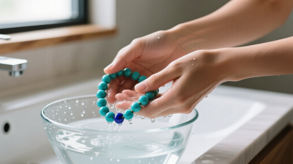 Hands gently washing a beaded lapis lazuli necklace in a glass bowl of lukewarm water and mild soap, avoiding harsh scrubbing.