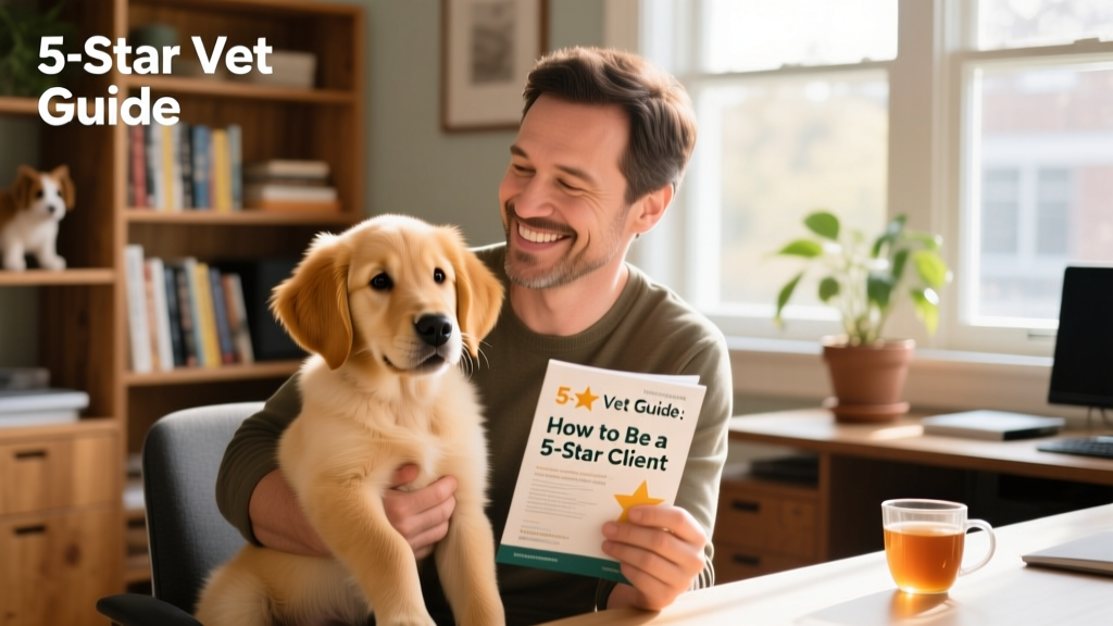 New pet parent smiling while holding a puppy and reviewing a veterinary brochure