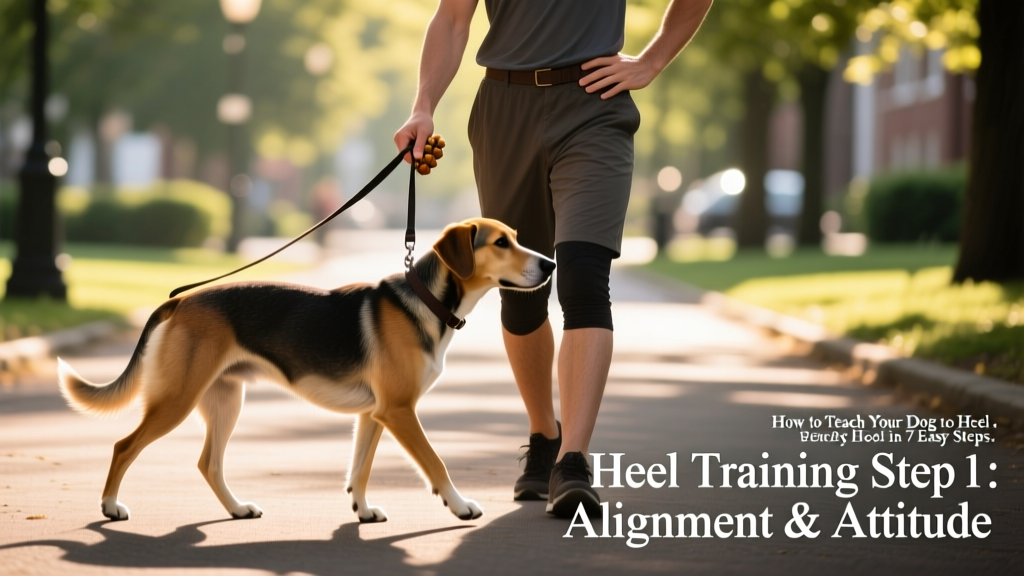 Side-view illustration showing correct heel alignment: dog’s shoulder parallel to handler’s knee, leash loose, handler’s treat hand at waist level, both facing forward