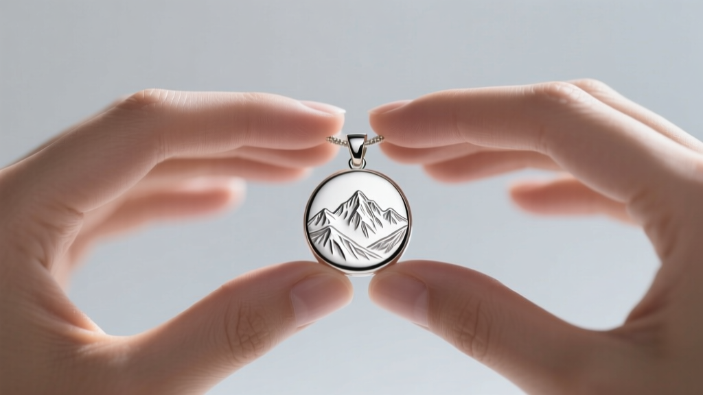 Hands holding a polished fine silver round stamped with an alpine mountain range beside a jeweler's loupe and digital gram scale.
