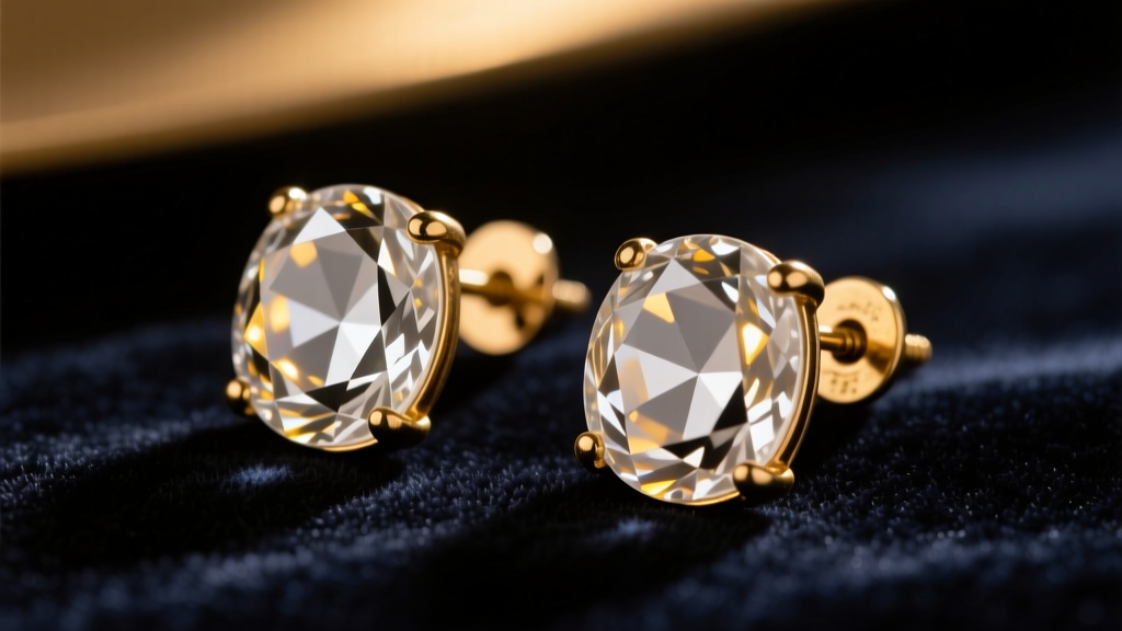 Close-up of 1930s Art Deco clear glass rhinestone earrings with brass screw back clasps on dark velvet under warm light.
