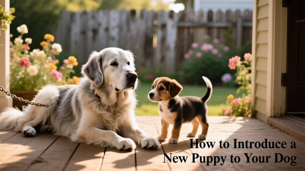 A calm senior dog resting beside a curious but respectful puppy, both relaxed and unchained