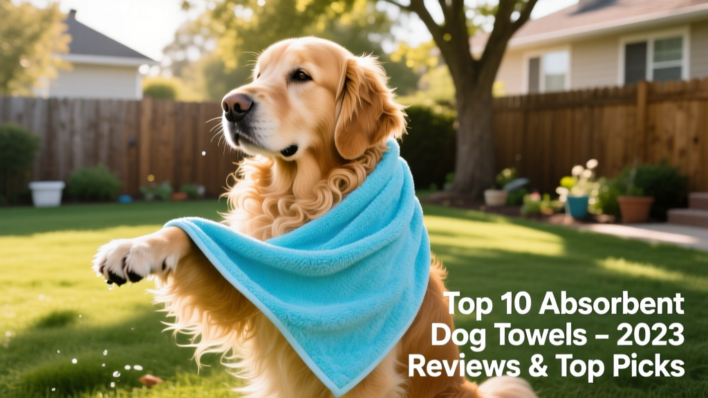 A golden retriever being gently dried with a soft microfiber towel outdoors