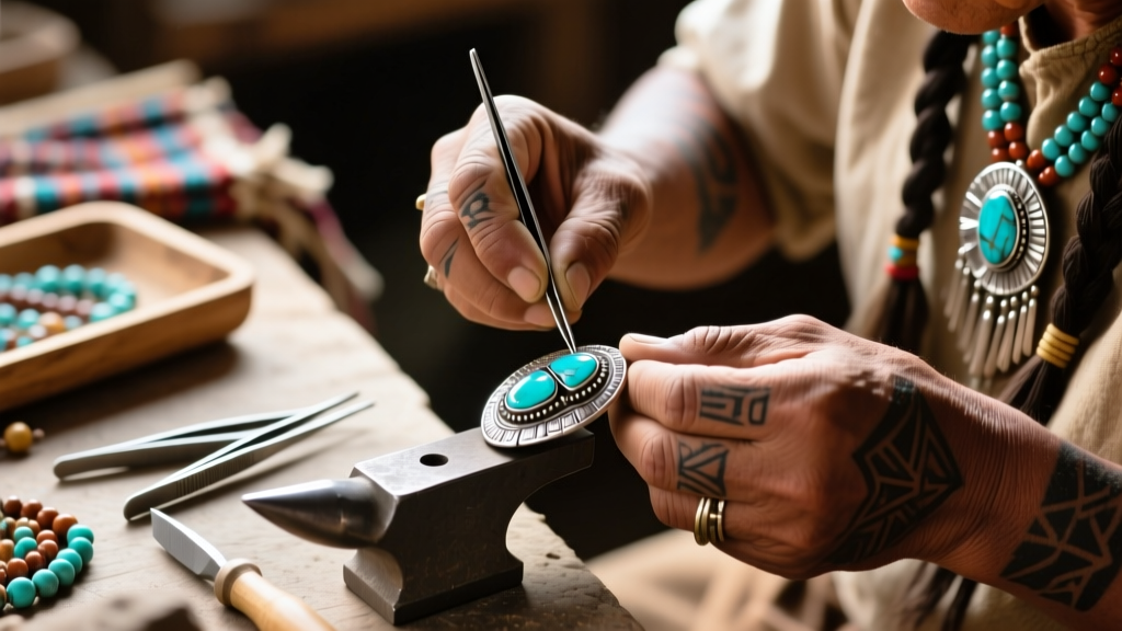 Extreme close-up of a Native American jeweler