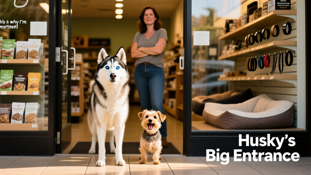 Husky Taz standing confidently just inside a pet store entrance, head held high, with her owner and another dog beside her