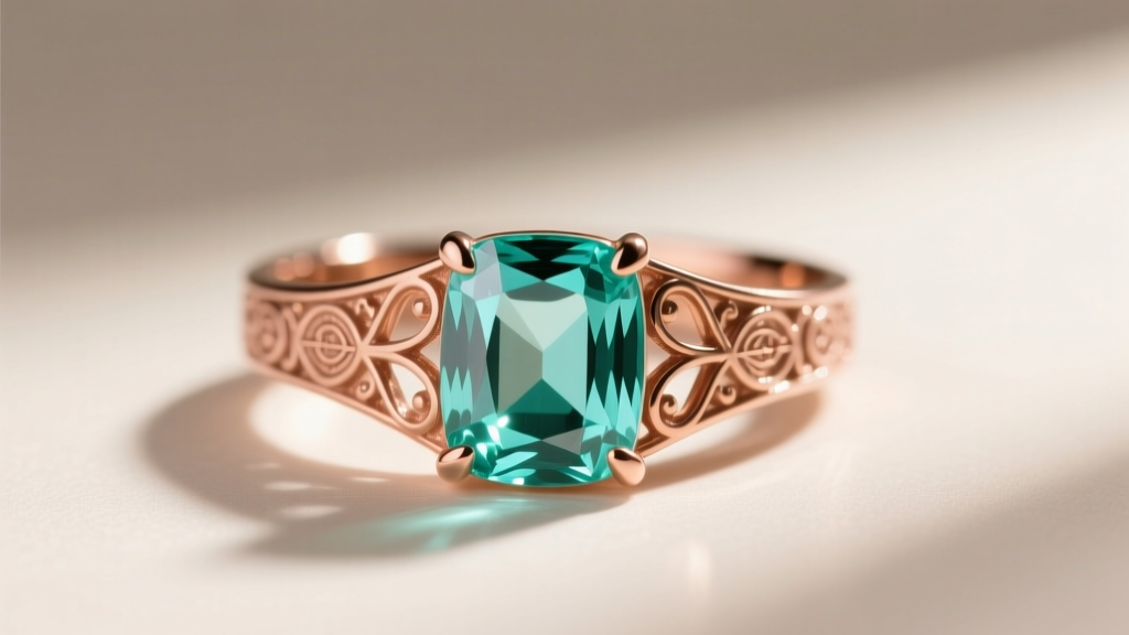 Studio shot of a 1940s Retro 18k rose gold cocktail ring featuring a massive emerald-cut aquamarine under warm directional light.