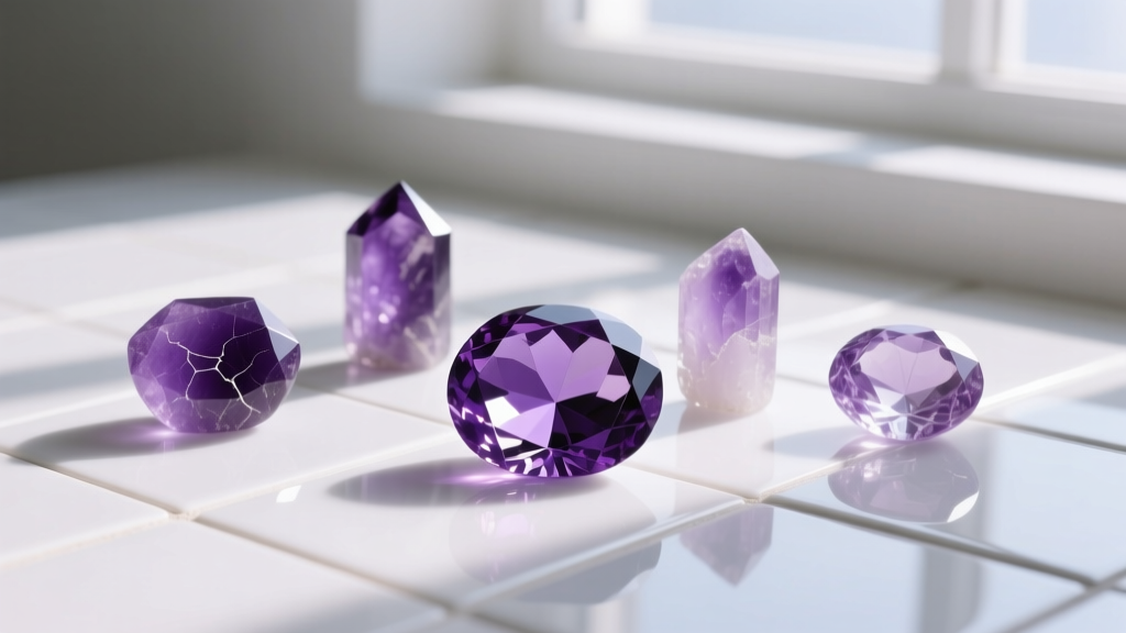 Purple gemstones on a white tile: dyed resin, dyed quartz, and lab-created amethyst, viewed closely through a jeweler's loupe.