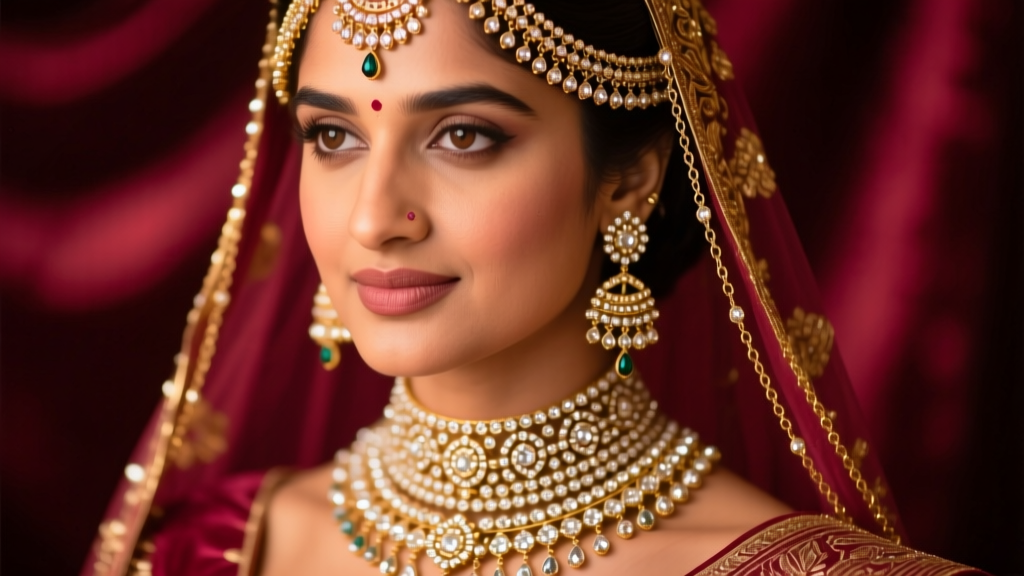 Close-up of an Indian bride wearing a layered Polki diamond choker and long 22k gold rani haar in soft warm wedding lighting