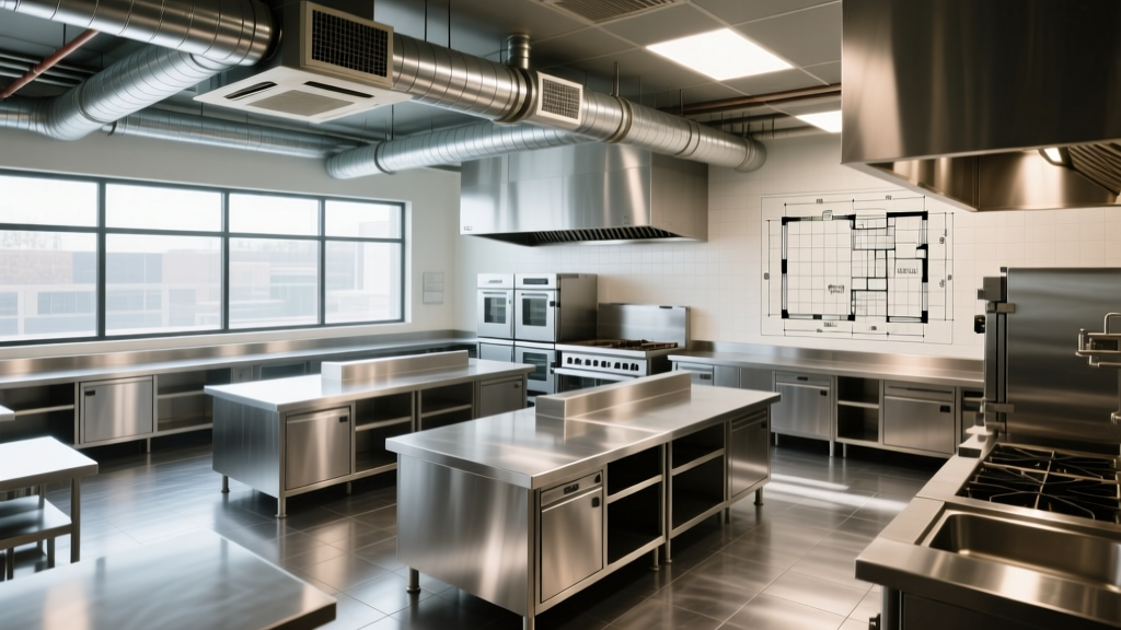 Restaurant kitchen blueprint showing HVAC ductwork, grease trap plumbing, and stainless steel prep tables with cost estimation grids