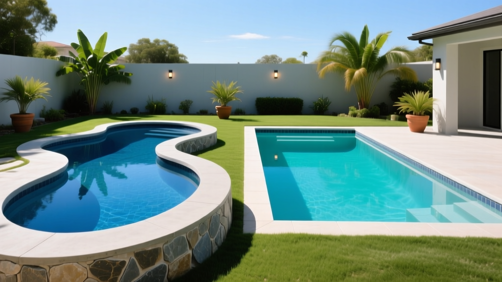 Backyard showing a freeform gunite concrete pool with stone coping beside a rectangular vinyl liner pool with aluminum coping.